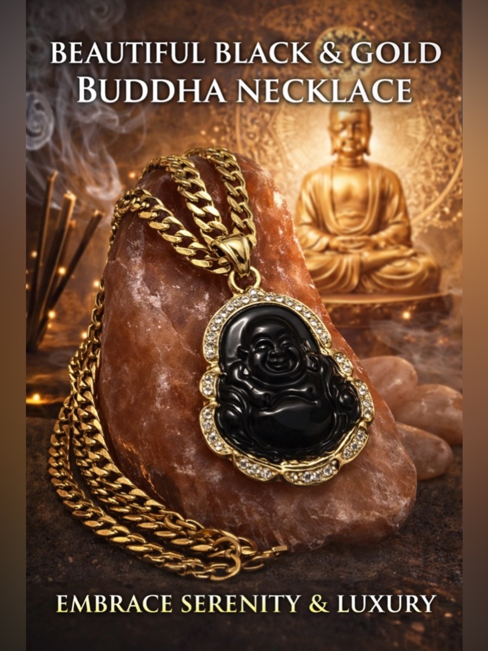 Buddha Pendant Necklace in Gold and Black - New